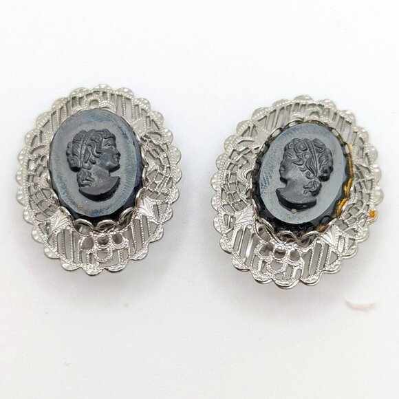 West Germany Black Cameo Silver Tone Filigree Clip-On Earrings 1960s - Picture 1 of 4